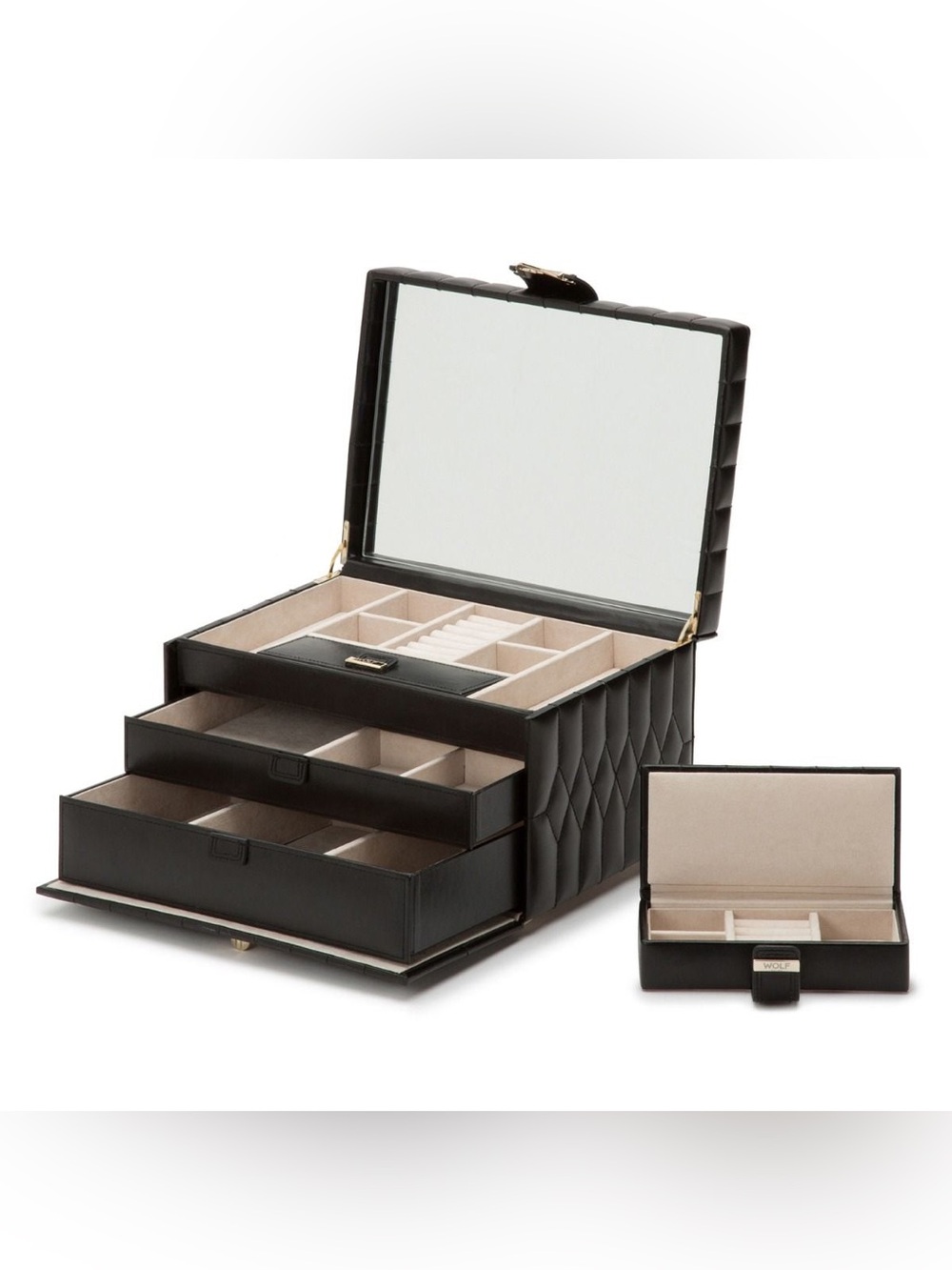 WOLF Caroline Medium Jewelry Case with Drawers & Mirror in Black